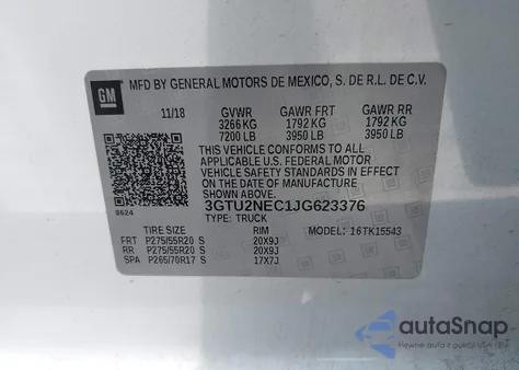 2018 GMC Sierra K1500 Slt from USA, damaged, VIN 3GTU2NEC1JG623376
